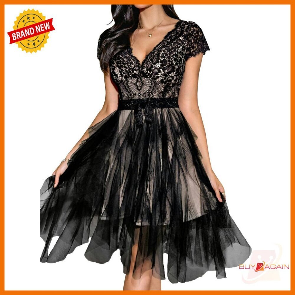 Backless Deep V Lace Tulle Dress, Knee Length Formal Cocktail Party Outfit